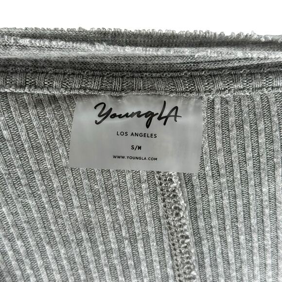 YOUNGLA Silver Cloud Cardigan Sweater Button Front V-Neck S/M Gray Ribbed Knit - Picture 5 of 6